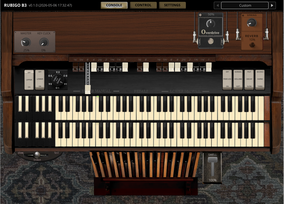 Rubigo RB3 console view showing the full Hammond B3 keyboard and organ body