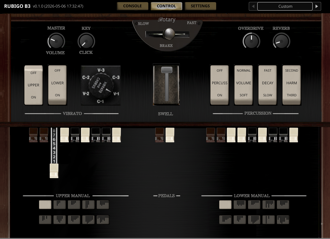 Rubigo RB3 plugin control panel showing drawbars, swell, and percussion controls