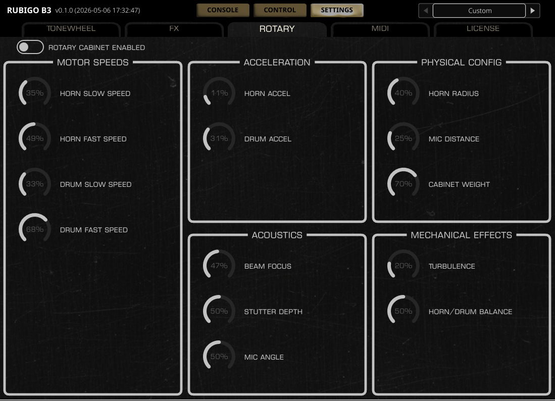 Rubigo RB3 rotary speaker settings panel showing motor speeds, horn geometry, and acoustics controls